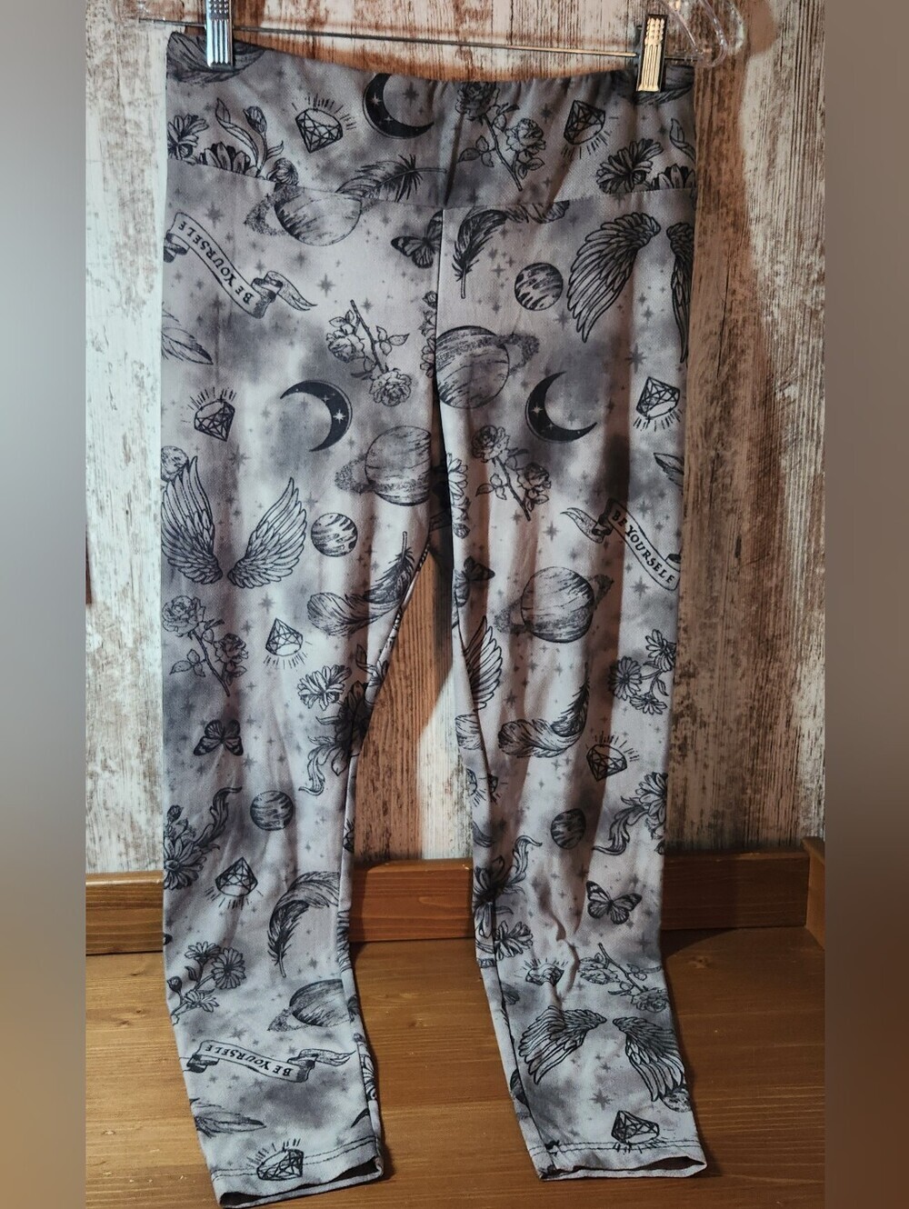 No Boundaries Black Gray Tattoo Print Wings Diamond Rose Celestial Leggings